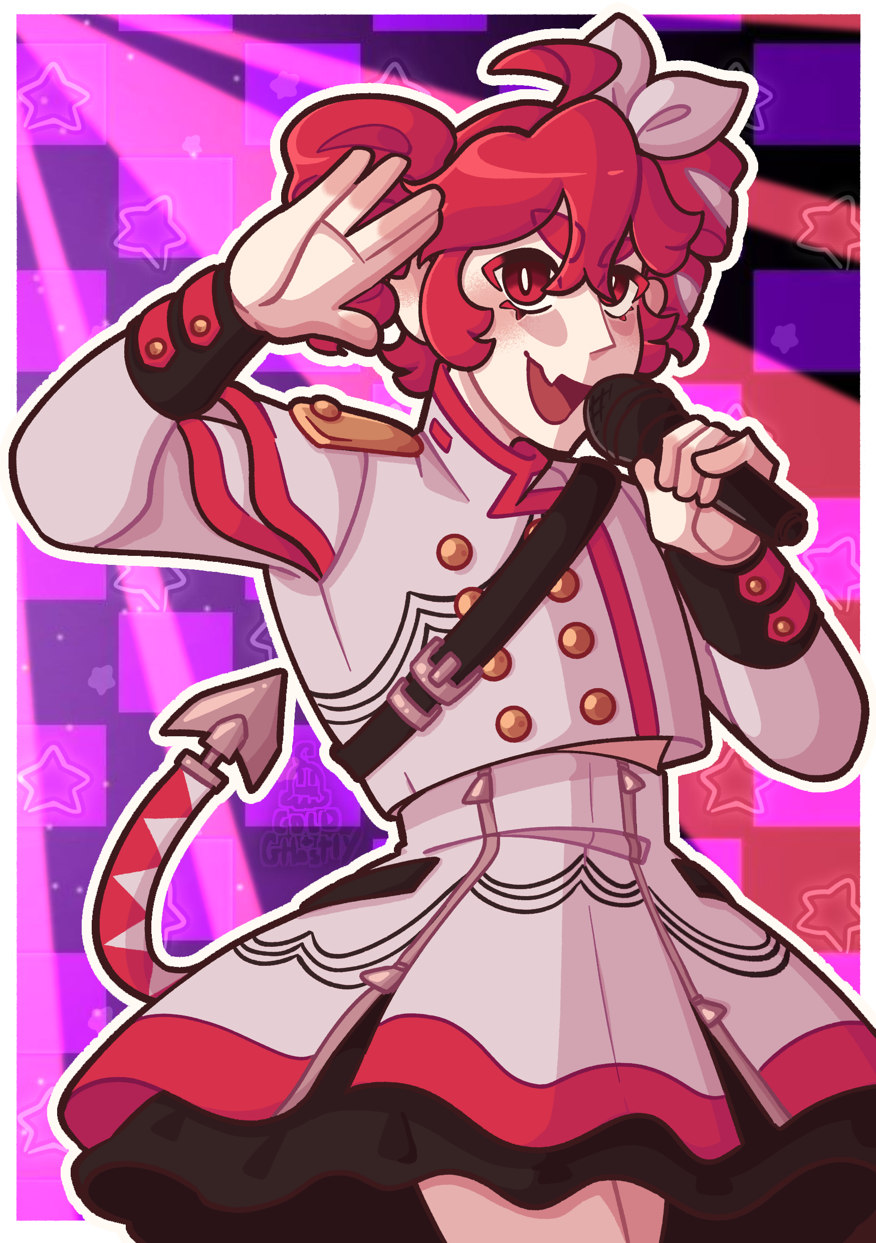 A drawing of the vocal synth Kasane Teto striking a pose under the spotlight like a true idol.